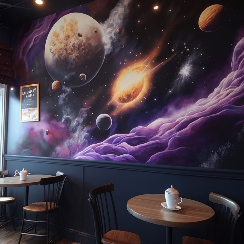 Tables in front of Nebula Coffee mural